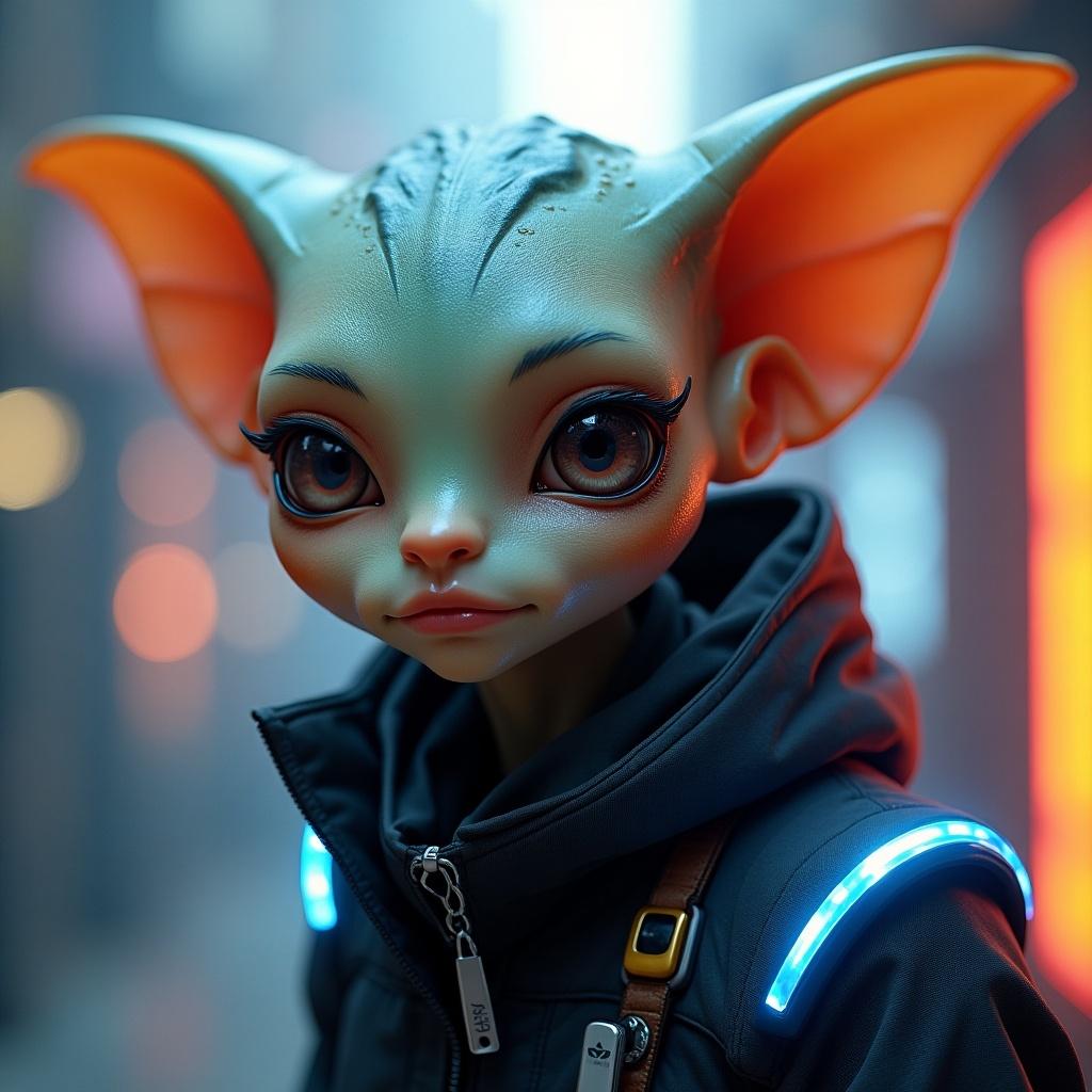 Alien character with large ears. Character wears a high-tech jacket with glowing elements. Background has vibrant colors. Soft lighting highlights the character's face. Artwork combines digital art and futuristic themes.