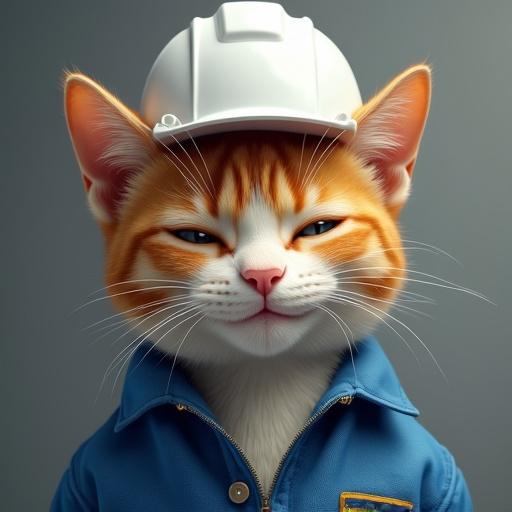 A semi-realistic smiling cat with squinted eyes. Cat wearing a hard hat and blue work jacket. Cat has a relaxed expression.