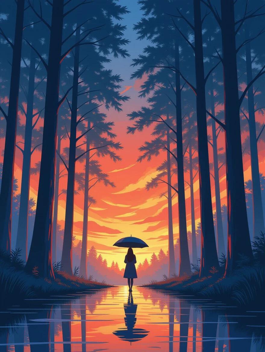 A digital painting featuring a lone figure holding an umbrella in a tall forest. The sky shows orange and blue colors of twilight. The scene is emotional with surreal lighting and a reflective gaze. The figure stands in a dreamy environment. Composer inspired by Cyril Rolando and Amy Sol. 2:3 vertical canvas.