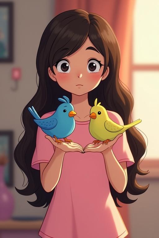 A girl with dark brown long hair holds two birds in her hands. One bird is blue and the other is yellow. The girl has light skin and wears a light pink T-shirt. The background features a clean, colorful girl's room in a Disney animation style.