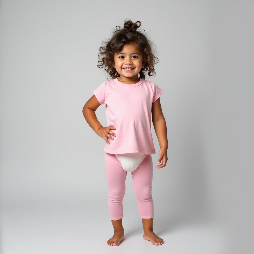 Young girl stands confidently in a pink t-shirt, white diaper, and pink leggings. Background is soft gray. Scene is playful and relaxed. Highlights comfortable attire and innocence.