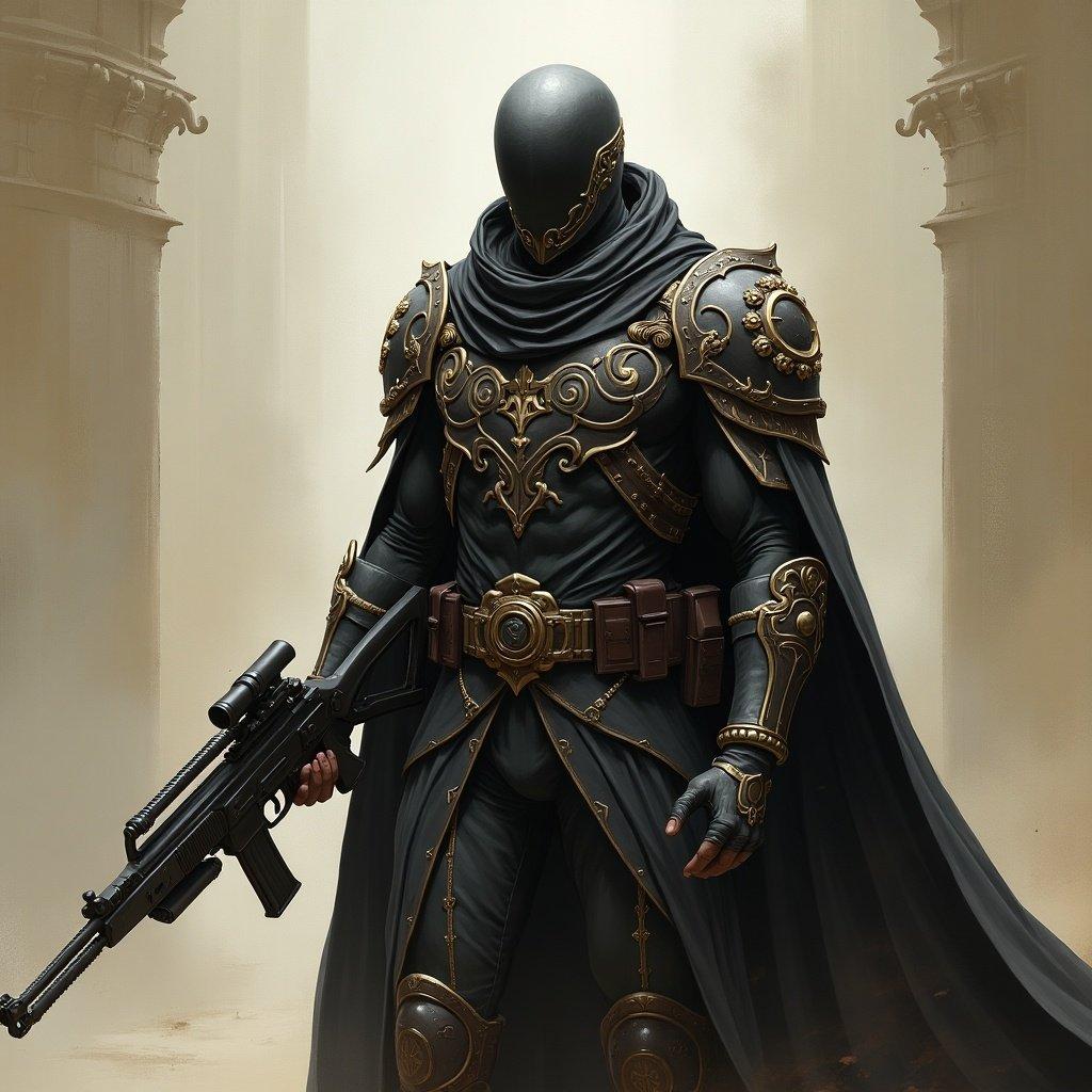 A character inspired by Ravenfield is depicted. The character has a humanoid form, wearing intricate, dark armor with gold embellishments. A flowing cape is added, and a firearm is held confidently. Background is atmospheric, enhancing the character's presence.