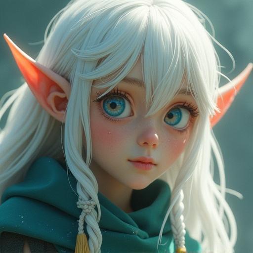 White haired pale girl elf with blue eyes gently saving a small bird. Character features delicate facial expression and unique pointed ears. Hair flows softly around her face. background features muted colors for emphasis.