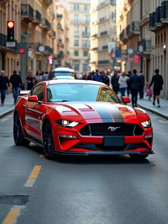 Realistic image of a Ford Mustang parked diagonally on a street. Crowds of people walking around in an urban area.
