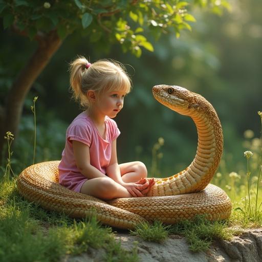 A young blonde girl is sitting on grass observing the interaction between a snake and rodent. The snake is trying to trap the rodent in a loop-like posture. The scene is set in nature with greenery in the background. The girl appears focused and curious about the behavior of the snake.