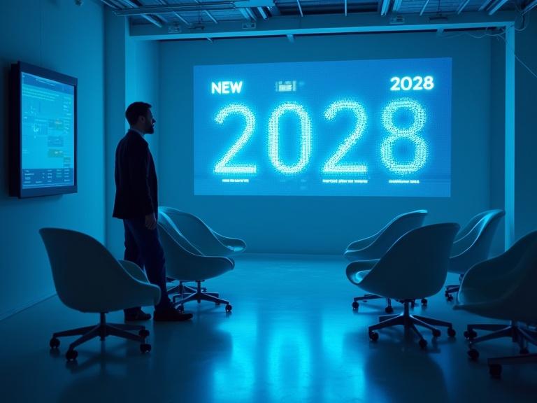 Futuristic newsroom for 2028. Empty chairs arranged in front of a large screen. Bright AI hologram shining the year 2028. Background shows a fading human silhouette. Dominant cool blue tones with chrome lettering asking 'Authors 0?'