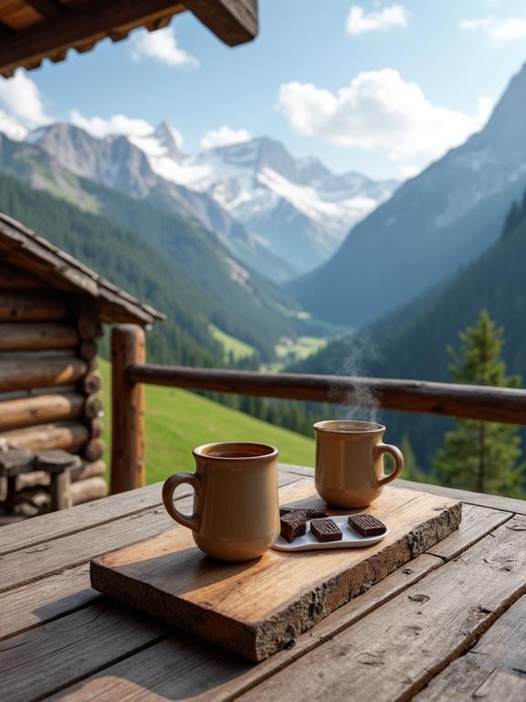 A rustic wooden deck area overlooking a picturesque mountain landscape with coffee and chocolates. Weathered wood deck and cabin. Two beige ceramic mugs on a wooden table with chocolates. Lush green hills and snow-capped mountains in the background.