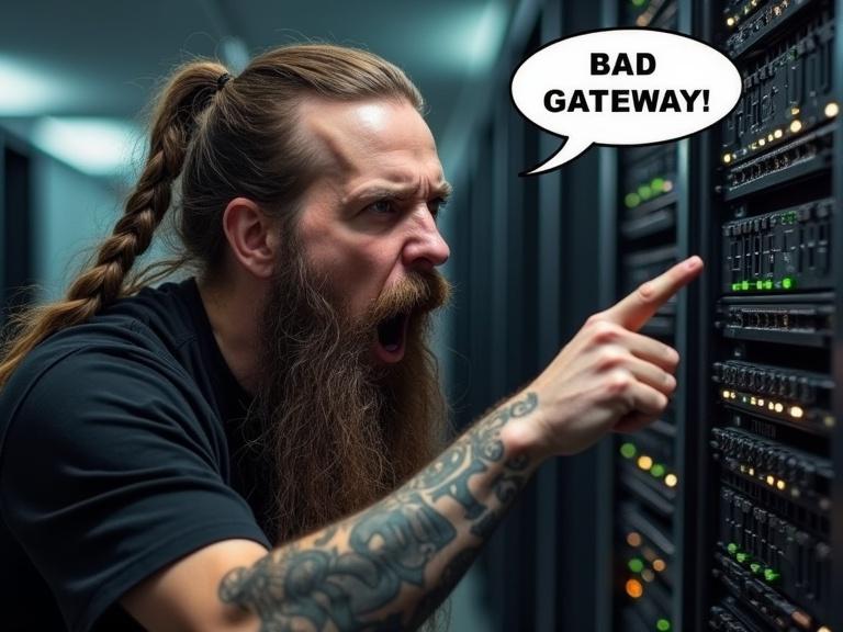 A bearded man wearing a black shirt and tattoos shouts at an internet router in a server room. He points aggressively, displaying frustration. A speech bubble shows the text 'BAD GATEWAY!'