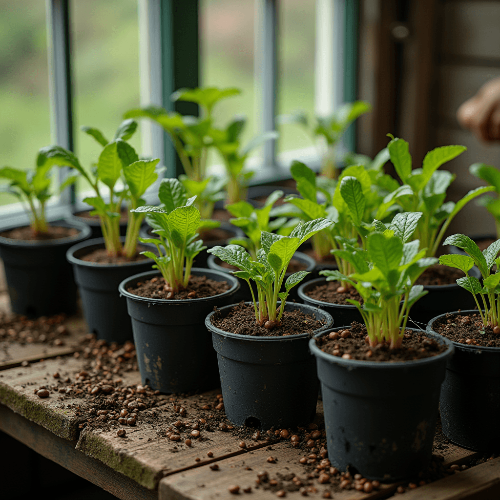 Young potted plants with vibrant green leaves are neatly arranged on a rustic wooden table by a window, featuring scattered soil and seeds.