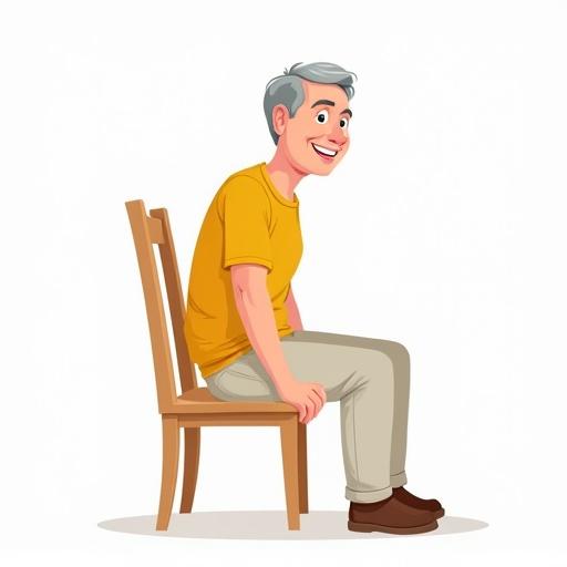 Cartoon illustration of a middle-aged man sitting down on a chair. The man is positioned slightly left of center in the image with light skin and short graying hair. He wears a mustard yellow t-shirt and light beige pants. He is in a three-quarter view, facing the viewer, lowering his body to sit on a light brown chair. The background is plain white. The style is cartoon-like with simple outlines and bright colors. The atmosphere is friendly and informative, depicting how to sit.