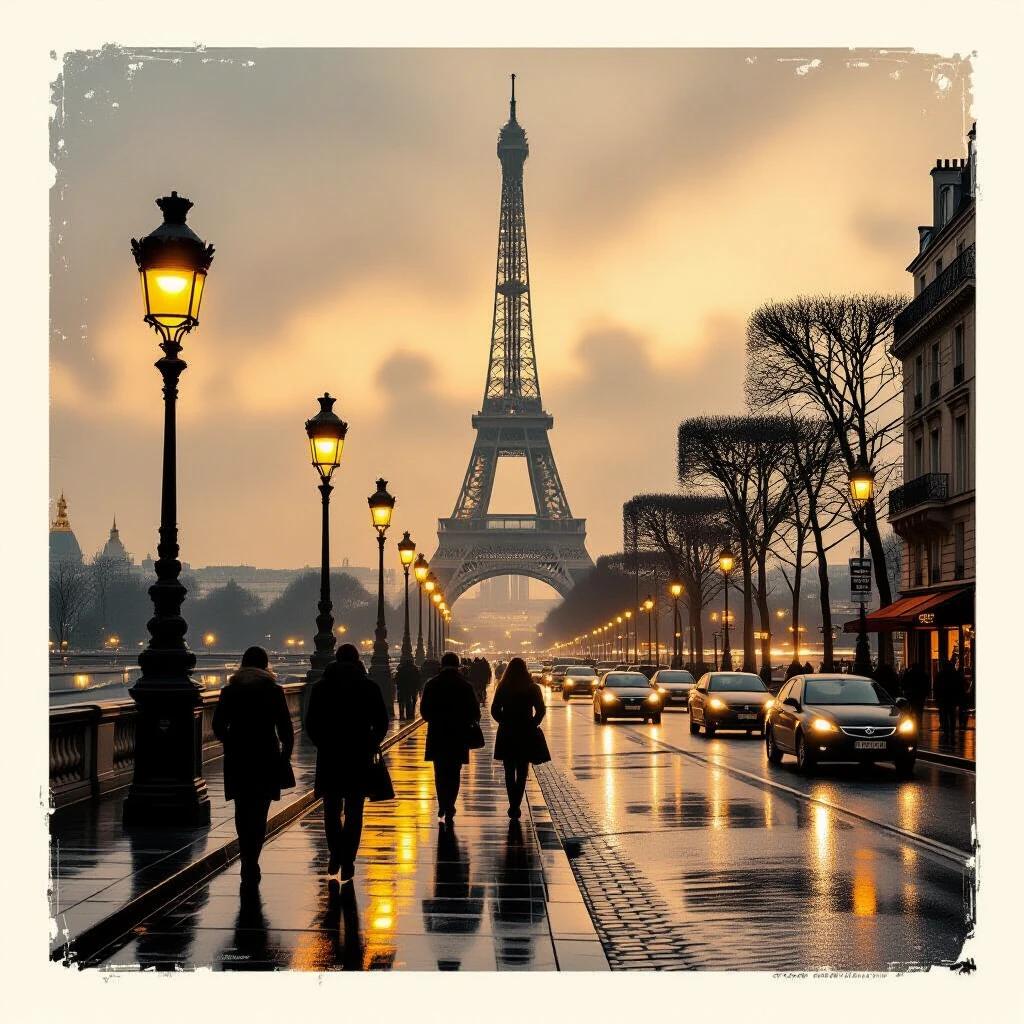 A cinematic street scene capturing Paris. It's dusk and people walk in dark coats on a rain-slicked avenue. Vintage street lamps glow warmly. The Eiffel Tower appears in the misty background, softly illuminated. Bare winter trees line the sidewalk against a sepia-toned sky. Cars move slowly, headlights casting shimmering reflections. The atmosphere resembles a noir film. Symmetrical framing leads the eye to the tower.