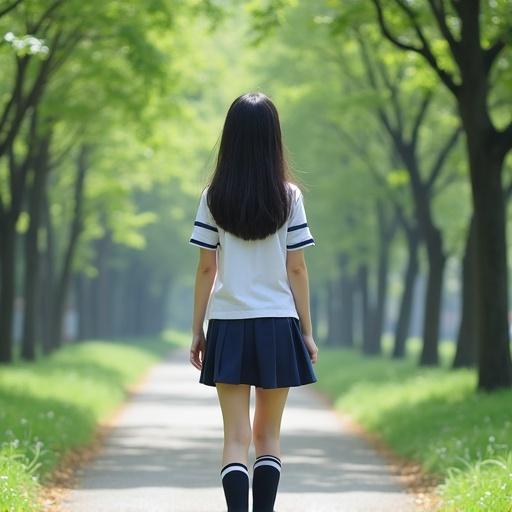 Japanese high school girl walking in park in school uniform mini skirt