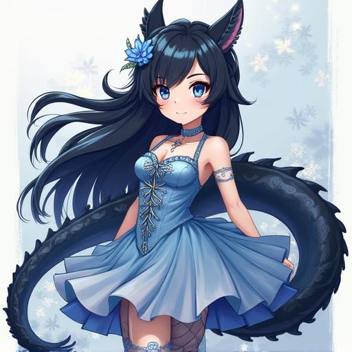 A girl in an elegant blue dress with black hair and blue eyes poses gracefully. She wears accessories and has features resembling both a dragon and a furry style. Snowflakes adorn the background highlighting a fantasy theme.