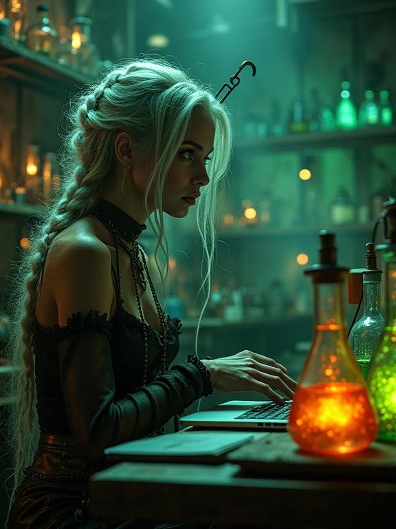 Beautiful steampunk alchemist with long braided silver hair sits at a workbench. She is surrounded by bubbling beakers of glowing neon green and orange chemicals. An open laptop is on the workbench. Her expression shows curiosity and determination. The scene is dimly lit with dancing shadows. The style blends fantasy and horror.