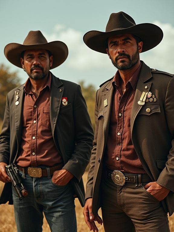 Photorealistic depiction of two men dressed as modern Mexican cartel members. They wear cowboy hats and jackets with prominent belts. The scene captures a warm outdoor setting with a focus on the individuals' attire and posture. Each appears confident and powerful within the landscape.
