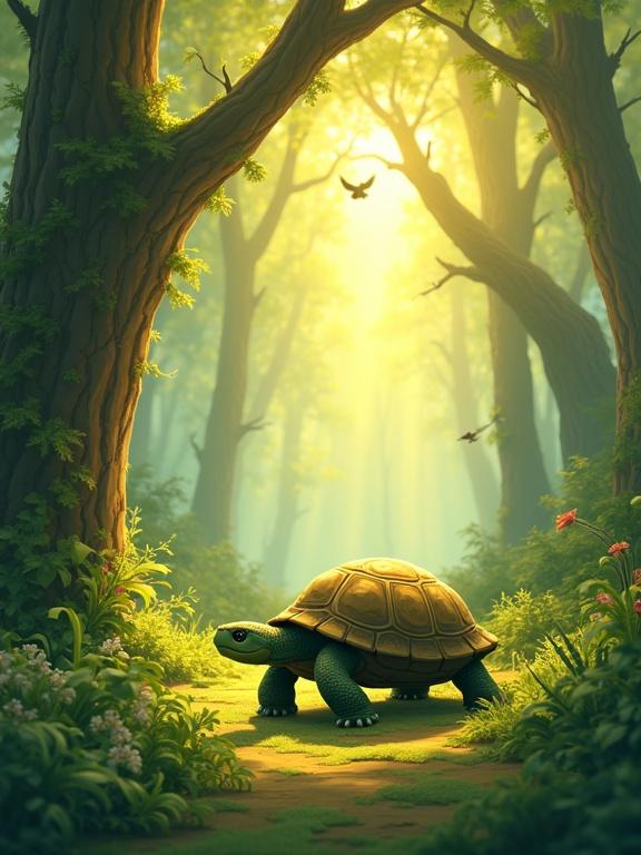 Cartoon style image showing a turtle walking in the forest. Forest scene with golden morning light. Tall trees with mossy trunks sway. Birds flitting among branches. Ferns and flowering bushes on forest floor. Turtle named Theo has green skin and worn shell. Light beams cast glow on shell. Mood is tranquil and meditative.
