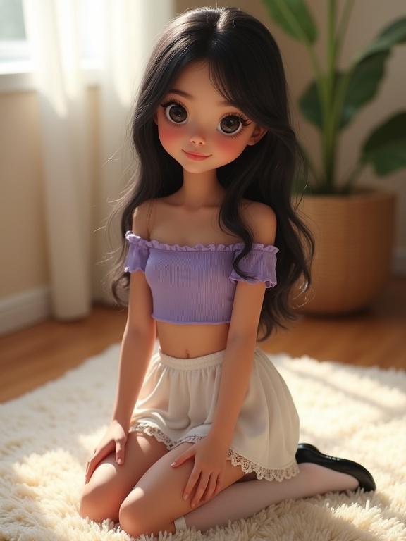 A slender girl with glossy black hair kneels on a cream rug in a bright living room. She has a lavender crop top and a white skirt. Her sheer thigh-high socks have lace. She smiles playfully. The light highlights her smooth skin.