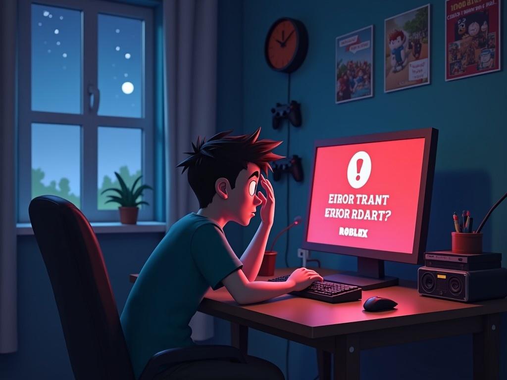 The image depicts a young person sitting at a desk, looking frustrated while staring at a computer screen displaying an error message related to Roblox. The room is softly lit, giving a cozy atmosphere. Posters decorate the walls, hinting at a gaming theme. The person is styled in a casual manner, reflecting the typical gamer persona. The computer screen is a bright red with an alert sign, indicating a problem. This captures the relatable moment of gaming frustration when online platforms go down, particularly for fans of Roblox.