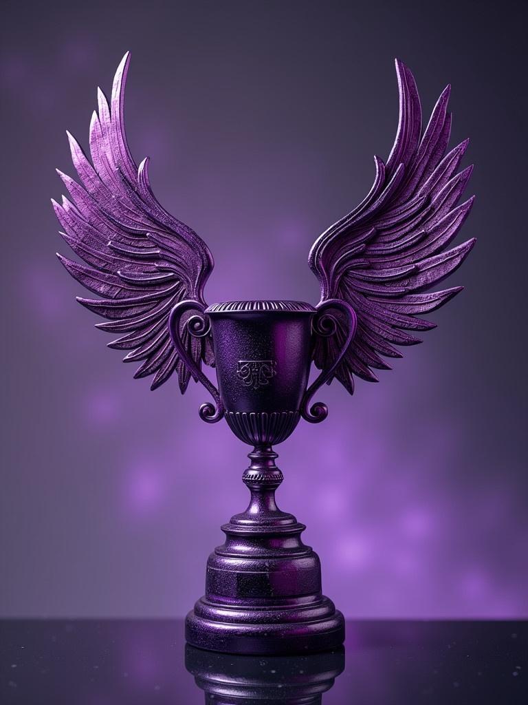 A purple trophy with intricate details and majestic wings. The trophy stands tall with a polished surface. Wings spread out gracefully from the cup. Background features a soft purple glow enhancing the scene. Focus on the craftsmanship and elegance of the design.