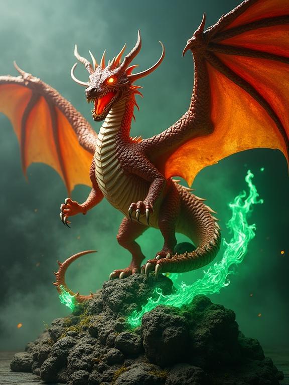 Detailed Sideshow-style collectible high-quality resin sculpture of a massive fire-breathing dragon. Dragon in an attack stance with wings outstretched. Eyes glowing fiercely. Body partially coiled around dark rocks. Background features mystical mist and green flames. Realistic textures with dramatic lighting and striking vertical composition.
