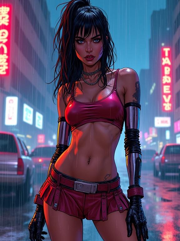 Dynamic comic book splash page featuring a fierce cybernetic mercenary on a neon-lit rooftop, rain on metallic limbs. Character wears a crop top and ultra low-rise micro skirt. Low resolution image, pixelated appearance.