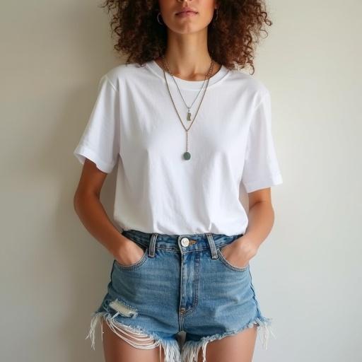 Model wears a plain white T-shirt and high-waisted denim shorts. Layered necklace is visible. The scene is lit by soft natural light. Captures casual summer fashion aesthetics.