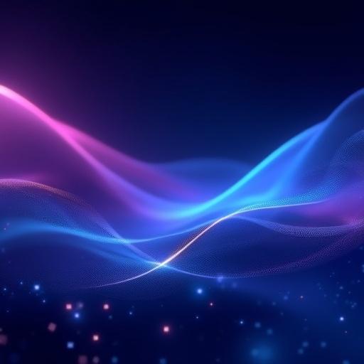 Futuristic abstract background designed for technology website and social media banner. Features smooth flowing lines of light with subtle geometric patterns, glowing neon accents in blue and purple. High detail digital art with wide aspect ratio suitable for web headers.