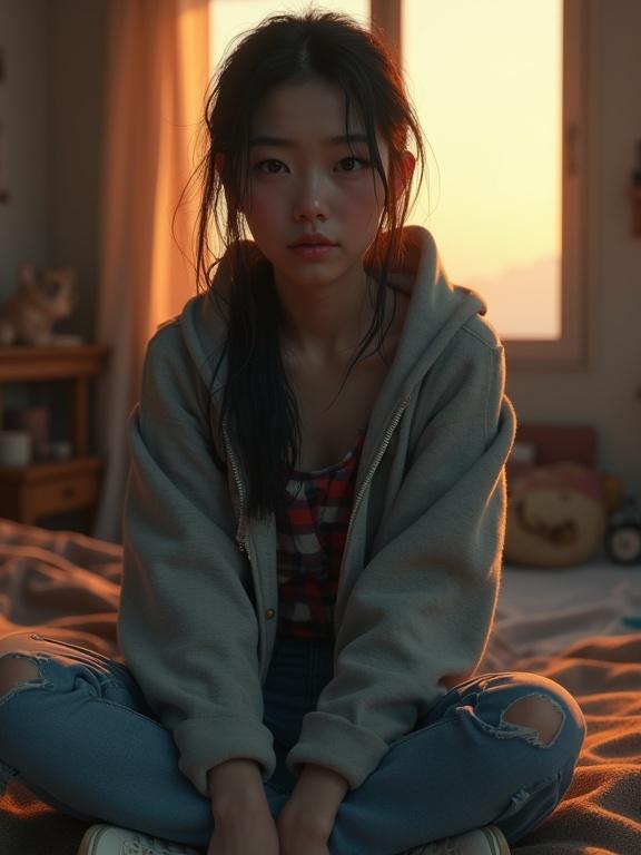 A 22-year-old korean woman in a rooftop room during early morning. She wears a gray hoodie over a flannel shirt with frayed jeans. Long black hair is tied in a ponytail. Sitting on bed with alarm beside her textbook, looking tired but expressive.