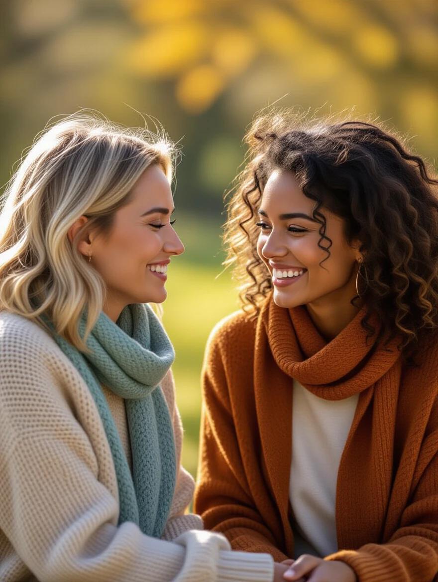 Two people have a positive conversation. One person helps the other. They are in a natural outdoor setting. Both have genuine smiles. The lighting is warm. The moment is photorealistic and candid. The colors are natural. The style is documentary. The connection is authentic.