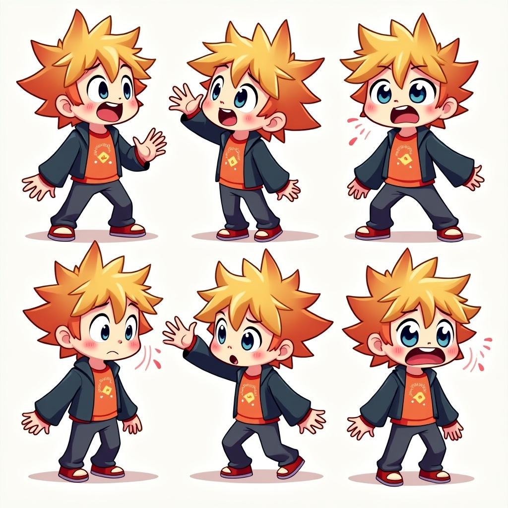 Cartoon character with spiky hair. Six different facial expressions. Poses show excitement, surprise, and curiosity. Character wears casual clothes. Bright and vibrant colors. Suitable for animation and merchandising.