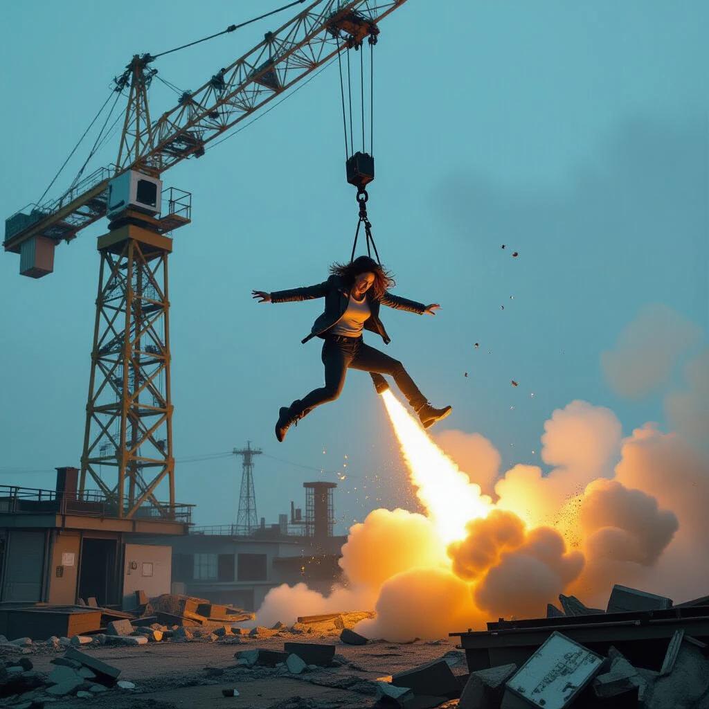 An industrial scene featuring a female figure leaping from a crane. She is depicted with an explosive jet of fire behind her. The background has blueprints with a distressed typewriter font overlay. The lighting is yellow with a chaotic ambiance.