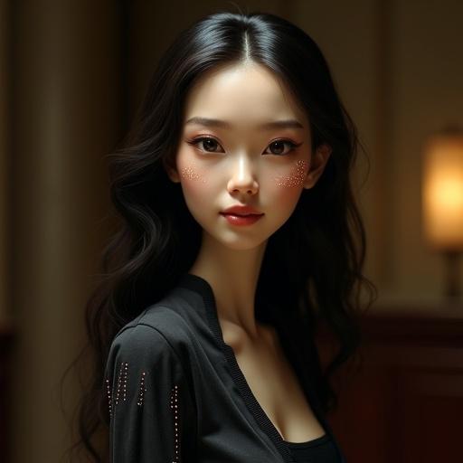 Full body visible android secretary. Elegant modern outfit. Timeless allure reminiscent of Renaissance art. Warm inviting smile. Poised and confident stance. Subtle glowing circuit patterns. Dimly lit study room ambiance.