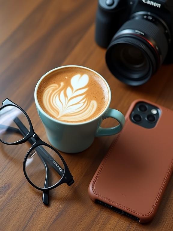 Flat lay image with a coffee cup featuring latte art, reading glasses, Canon G7X camera, brown Iphone 15 Pro Max case on a wooden table.