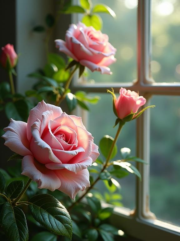 Close-up of pink roses with green vines by a window frame. Soft natural light enhances details. Photorealistic quality captures beauty.