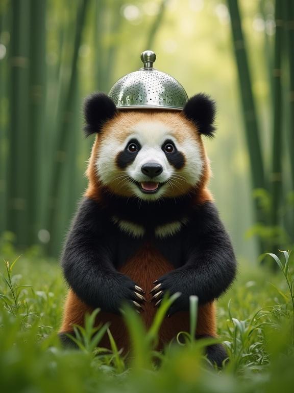 A happy panda smiles with a reverse colander on its head in a bamboo forest. The setting has a grassland style with natural green hues. The panda showcases plush textures and an atmospheric distance perspective.