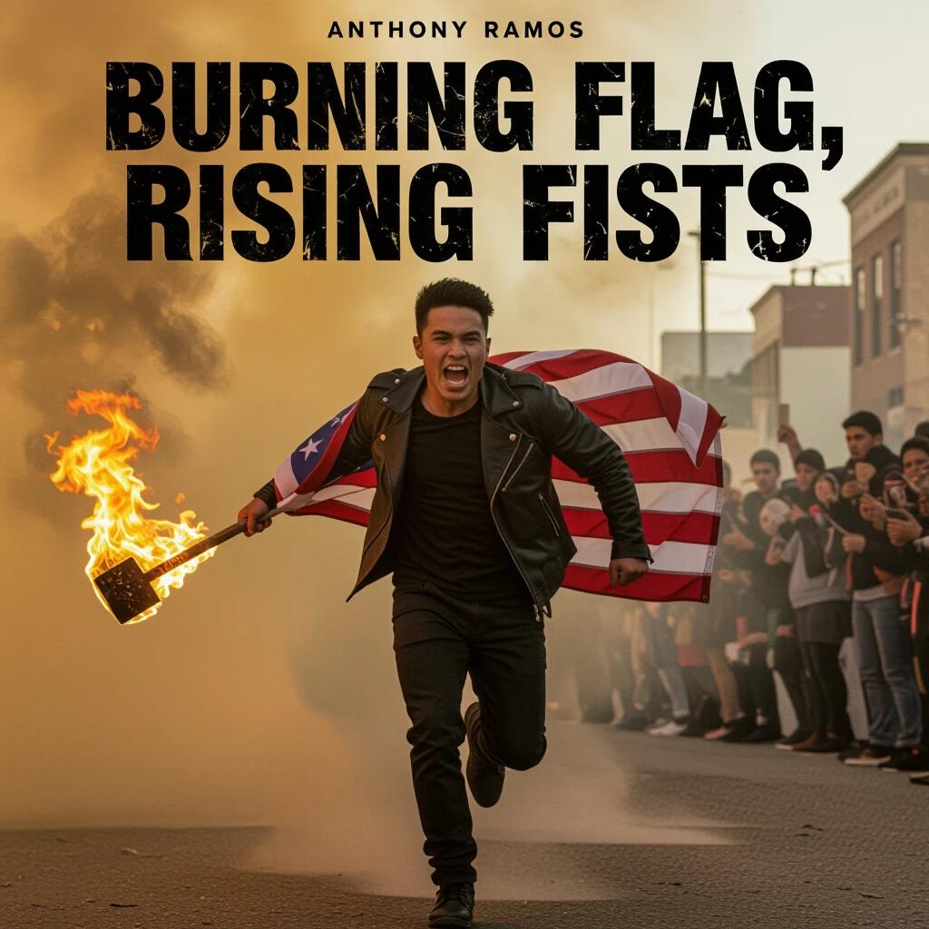 Anthony Ramos charges forward with a burning flag in hand. Flames trail behind him. A riot backdrop sets the scene. High-contrast amber and smoke lighting create tension. Title is in torn black-letter font. This is a 5K resistance movement visual.