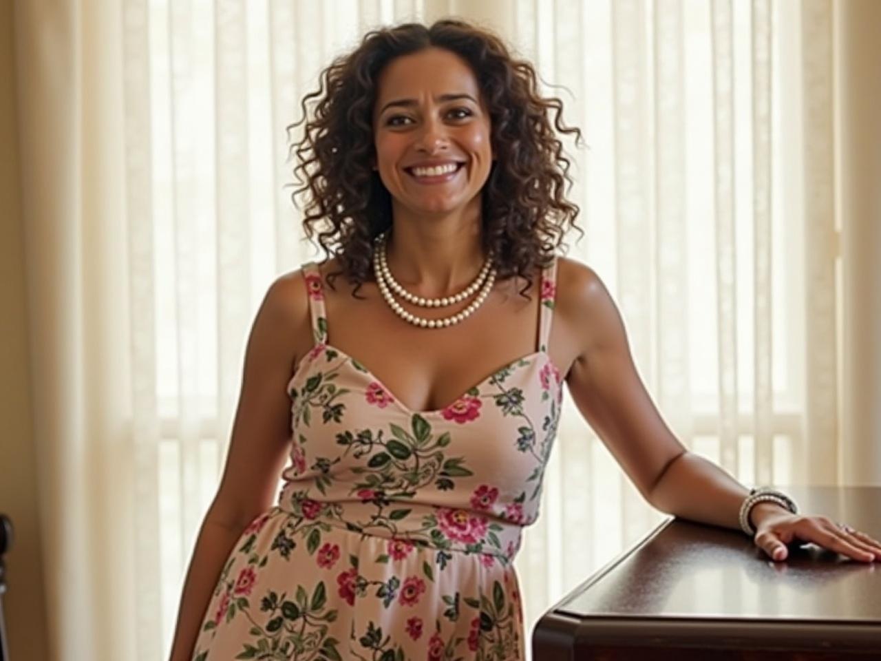 The image shows a woman with curly hair standing by a table. She is wearing a floral dress that has a fitted bodice and flows down. Her outfit is complemented by a pearl necklace around her neck. The background has a soft, bright light, suggesting it is indoors. There are sheer curtains letting some light through, which adds a warm atmosphere to the scene. The woman has a friendly smile and seems relaxed in her pose.