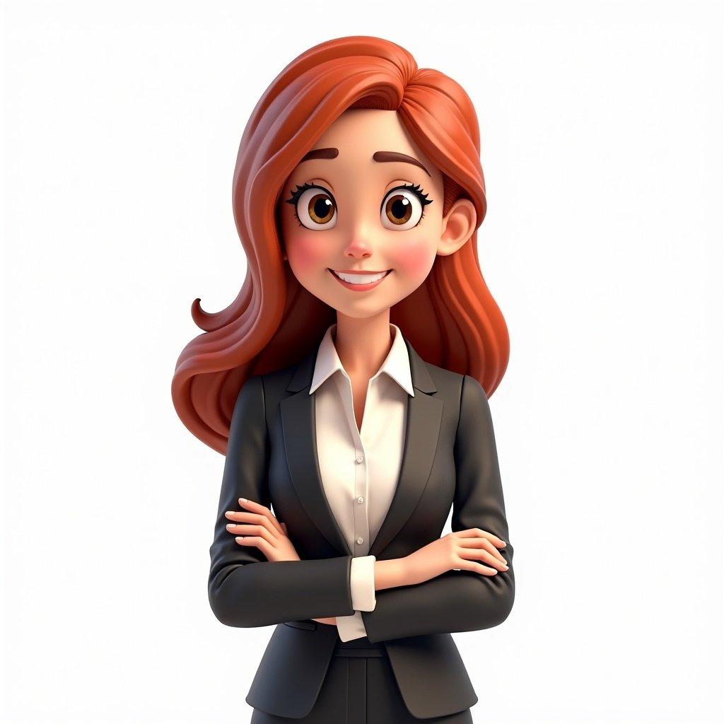 Cartoon character of a young woman with red hair and shoulder-length style. Friendly smile in stylish business clothing. Plain white background. Realistic 3D graphic, appealing and approachable. Show character until torso.