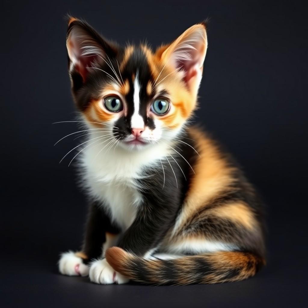 A captivating calico kitten with striking blue eyes sits against a dark background.