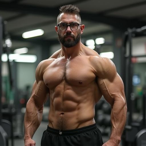 Man with a muscular body in a gym setting. He wears glasses. Hair is styled like a monk. He has large ears and is shirtless. Strong physique and confident posture.