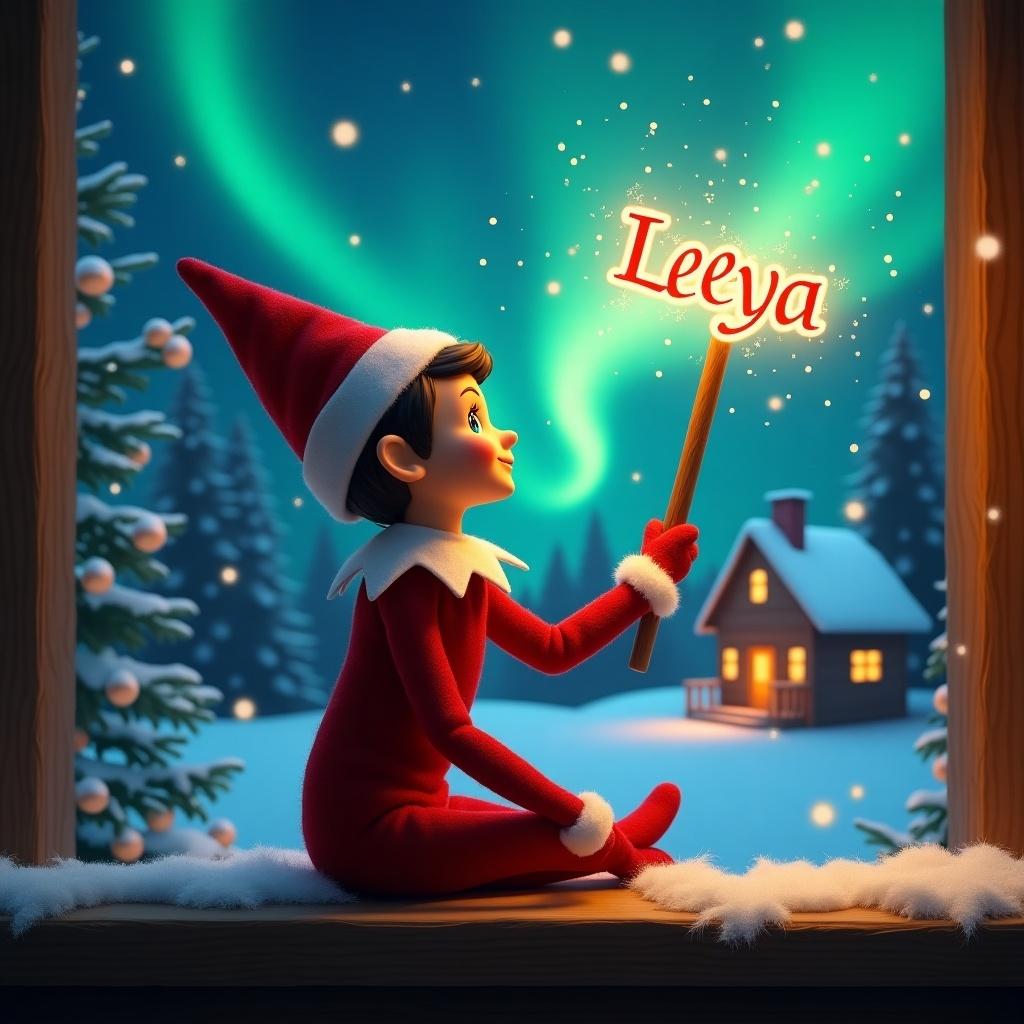 Elf sits by window looking up. Holds glowing wand. Northern lights fill the sky. Cozy house glows in background. Snow covers ground. The name Leeya is illuminated in the air.