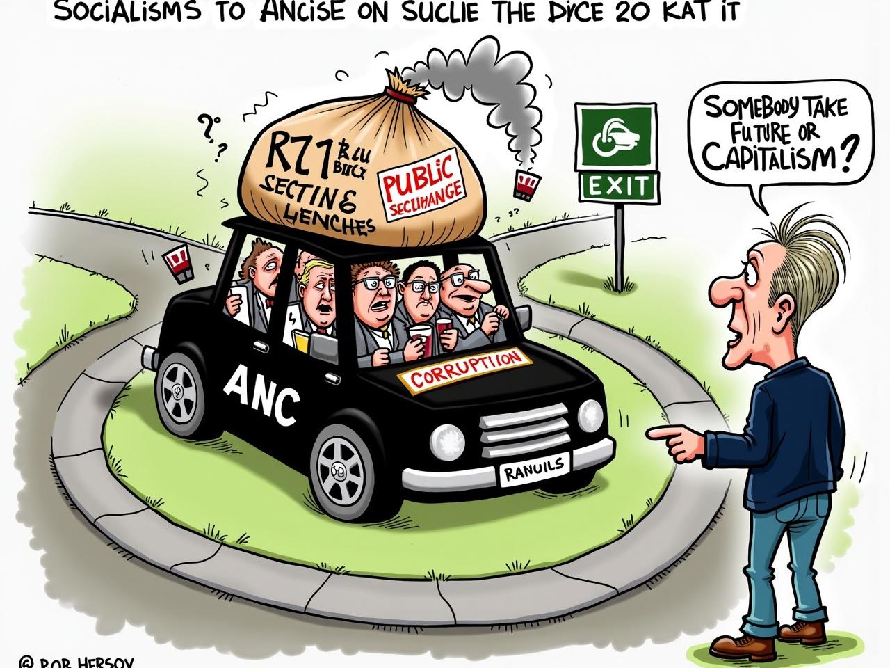 A lively political cartoon depicting a chaotic roundabout, labeled 'Circle to Nowhere' with 'Socialism' as a theme. A bulky, overloaded car, representative of politicians and dressed in black, labeled 'ANC,' endlessly revolves on the roundabout. The vehicle is heavily burdened by a huge sack marked 'R721 Billion Public Sector Wages.' Inside the car are plump bureaucrats in suits, some laughing, others appearing clueless; one holds a coffee cup while another looks perplexed. From the car, exhaust fumes labeled 'Corruption' billow out. On the side, a character resembling Rob Hersov is portrayed as a slender middle-aged man with an exaggerated nose, expressive eyes raised in surprise, and tousled light-colored hair. He’s dressed in jeans, brown shoes, and a navy long-sleeve shirt. Rob stands confidently, pointing towards an exit sign reading 'Better Future' or 'Capitalism,' symbolizing a path to success. A speech bubble from him declares, 'Somebody take us out of the loop!' The cartoon uses bold lines, exaggerated features, and bright contrasting colors to illustrate dysfunction and missed chances.