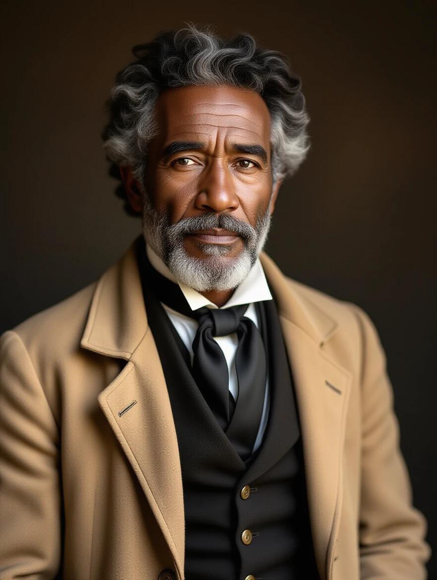 Realistic portrait of a 65-year-old Black man from the 19th century. He wears period clothing. He stands against a dark, painterly background. Soft dramatic lighting creates cinematic tones. High details and textures show ultra-realism. The man looks directly at the camera with a calm expression. The image has a 9:16 aspect ratio and vintage filmmaking style.