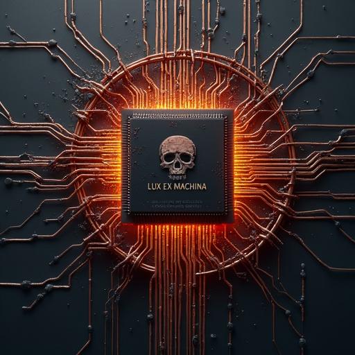 A shattered microchip cracked down the middle. Black ink oozes from the cracks. Wires form a crown of thorns around the chip. The words 'LUX EX MACHINA' appear in blood-rust text. Scorch marks reveal a hidden skull under UV light.