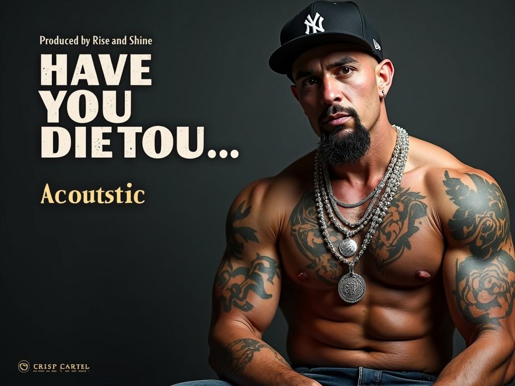 a muscular, tattooed man wearing multiple necklaces and a cap, featured in a music promotional poster for an acoustic album.