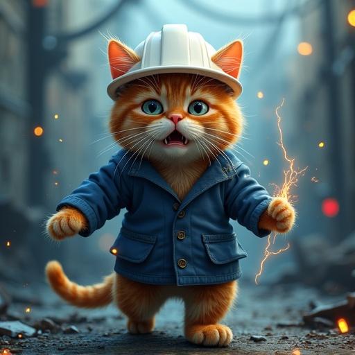 A semi-realistic cat with orange fur. Cat wears a white hard hat and a blue work jacket. Cat has a shocked expression, body slightly lifted off the ground. Fur stands on end from static electricity. Eyes are wide open with sparks around. Electric wires are in the background. The scene is humorous and depicts an electrocution theme.