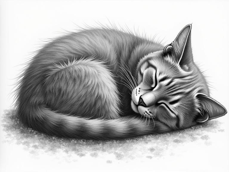 A detailed scratchy drawing of a sleeping cat. Dark silver and light black colors used.