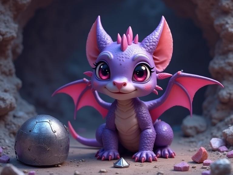 A cute baby purple dragon with features resembling an English Bulldog sits in a dimly lit cave. Crystals glimmer nearby, and pieces of defeated knight's armor are scattered on the ground.
