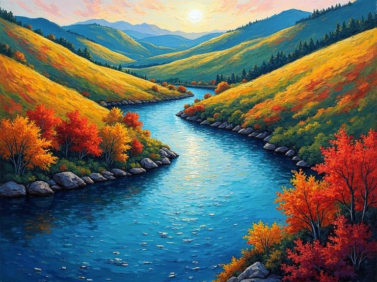 Vibrant river flows through rolling hills with bright colors. Inspired by Vlaminck's Fauvism style.