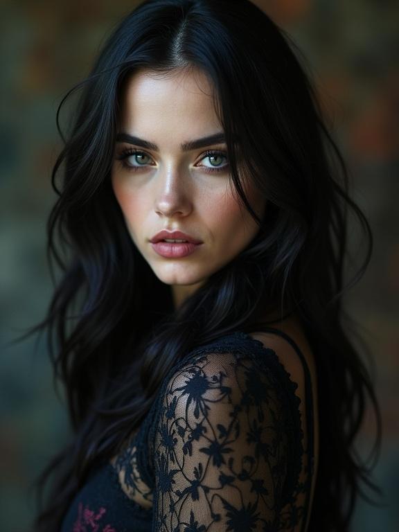 Portrait of a beautiful female with a vampire theme. Soft focus on the face. Dark and mysterious ambiance. Elegance in style and makeup.